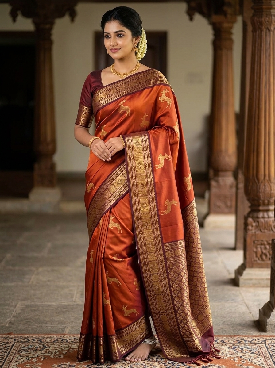 Kanchipuram Silk Saree featuring extensive gold zari Maroon